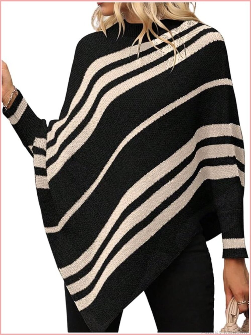 Striped Mock Neck Knitted Poncho Sweater Dolman Long Sleeve Loose Fit Top
